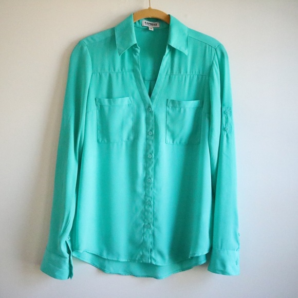Express Teal Long Sleeve Button Up Blouse Top - Picture 1 of 8